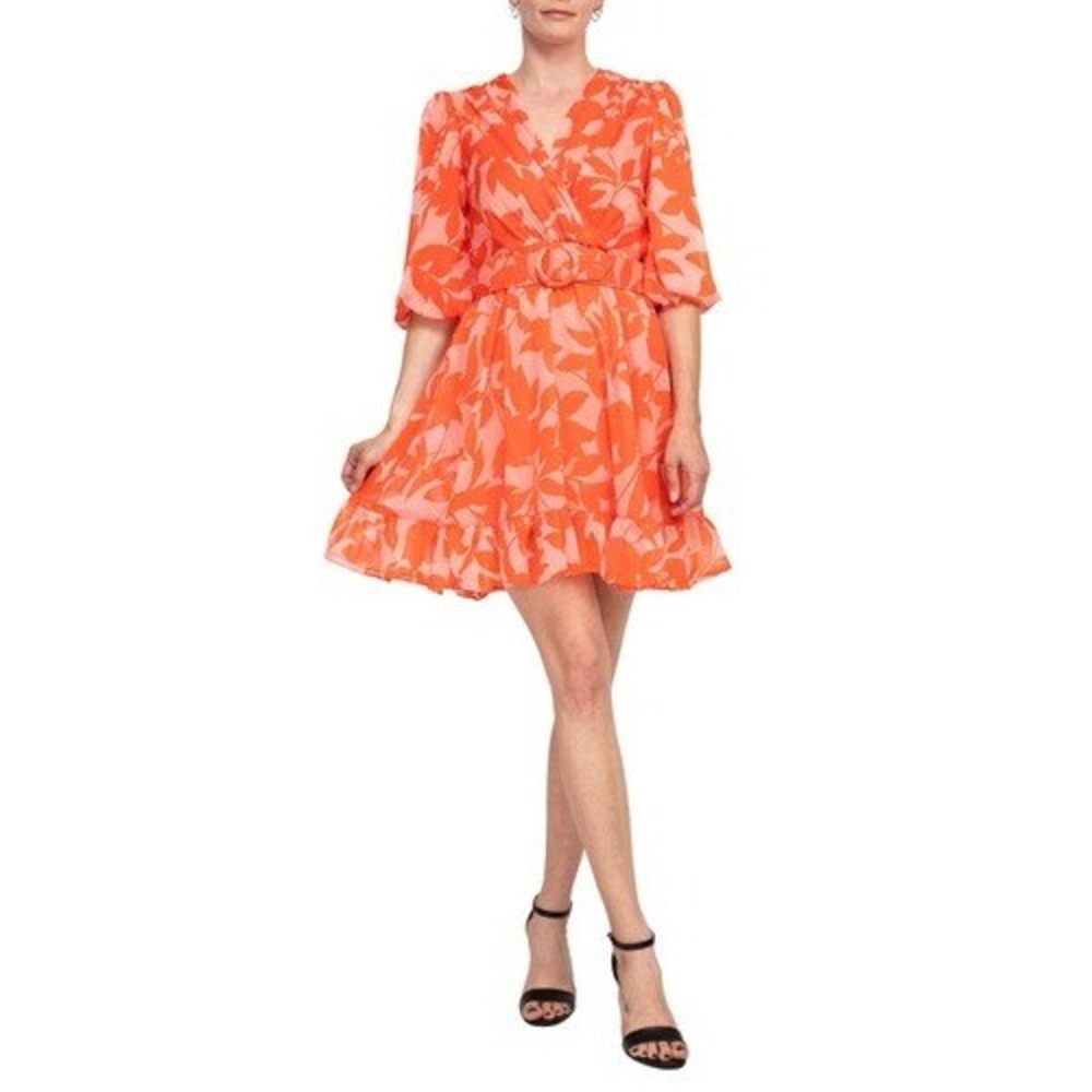 NWT Taylor Orange Pink Floral Chiffon‎ Mini Dress Belted Puff Sleeve 4 Preppy